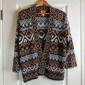 Ruby Rd. Black White Tan & Gold Metallic Aztec Print Cardigan